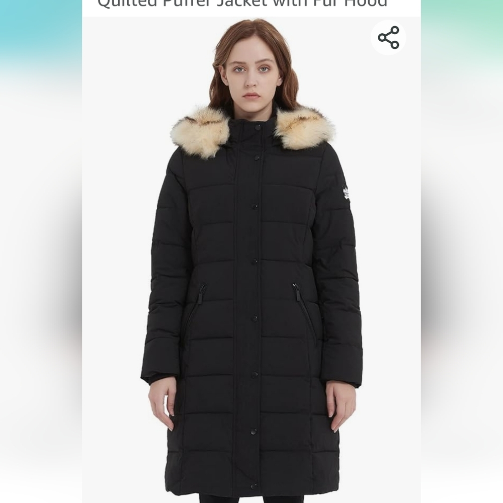 Long Quilted Puffer Coat with Fur-Trim Hood - Black
